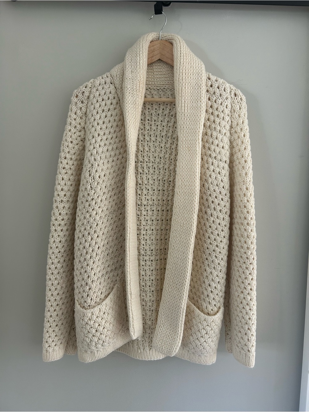 Vintage Chunky Knit Cotton Stretchy Fisherman Shawl Collar Open Cardigan Sweater